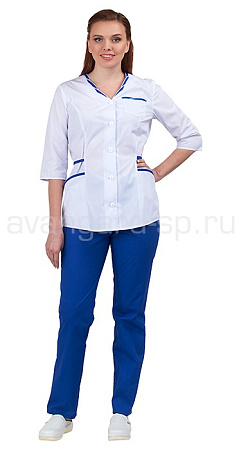 Комплект женский Авангард-Ольга (блуза и брюки), рукав 3/4, белый с васильковым