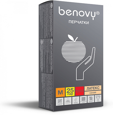 Перчатки Benovy™ латексные неопудренные особопрочные удлиненные 13гр. (25 пар), синии