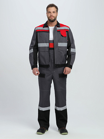 Летний костюм мужской Факел-Виват-2 Премиум с полукомбинезоном, серый с черным и красным Летний костюм мужской Факел-Виват-2 Премиум с полукомбинезоном, серый с черным и красным