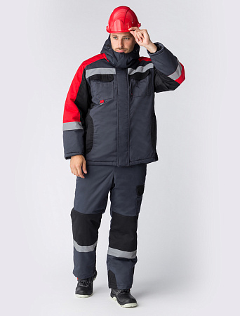 Зимний костюм мужской Факел-Вектрон-2 с полукомбинезоном, серый с черным и красным