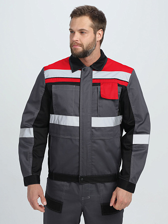 Летний костюм мужской Факел-Виват-2 Премиум с полукомбинезоном, серый с черным и красным Летний костюм мужской Факел-Виват-2 Премиум с полукомбинезоном, серый с черным и красным