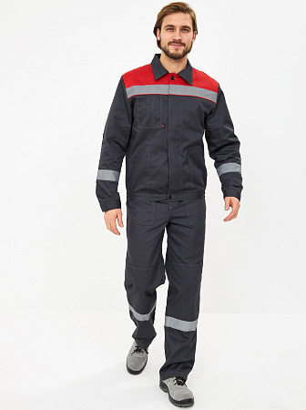 Летний костюм мужской Факел-Лигор-2 Премиум с СОП с полукомбинезоном, темно-серый с красным 