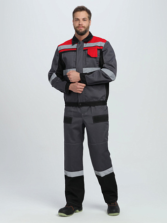 Летний костюм мужской Факел-Виват-2 Премиум с полукомбинезоном, серый с черным и красным Летний костюм мужской Факел-Виват-2 Премиум с полукомбинезоном, серый с черным и красным