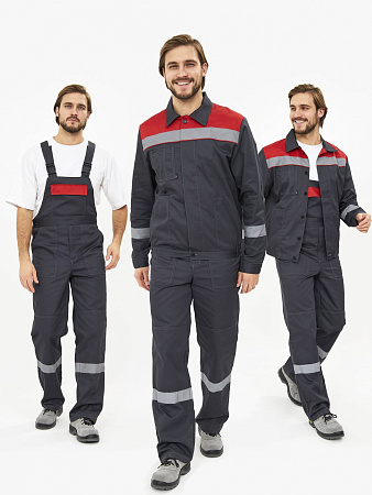 Летний костюм мужской Факел-Лигор-2 Премиум с СОП с полукомбинезоном, темно-серый с красным 