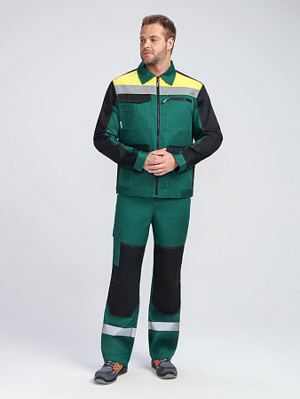 Летний костюм мужской ProfLineBase-1 с брюками, зеленый с черным и желтым Летний костюм мужской ProfLineBase-1 с брюками, зеленый с черным и желтым