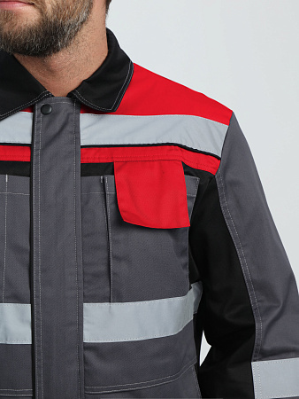 Летний костюм мужской Факел-Виват-1 Премиум с брюками, серый с черным и красным Летний костюм мужской Факел-Виват-1 Премиум с брюками, серый с черным и красным