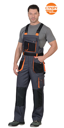 Летний полукомбинезон мужской Сириус-Манхеттен, из смесовой ткани, темно-серый с оранжевым и черным Летний полукомбинезон мужской Сириус-Манхеттен, из смесовой ткани, темно-серый с оранжевым и черным