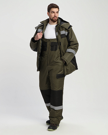 Зимний костюм мужской Факел-Вектрон-2 с полукомбинезоном, хаки с черным