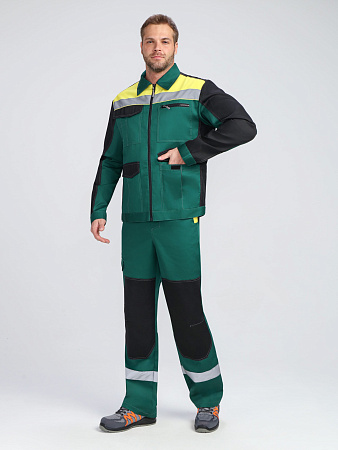 Летний костюм мужской ProfLineBase-1 с брюками, зеленый с черным и желтым Летний костюм мужской ProfLineBase-1 с брюками, зеленый с черным и желтым