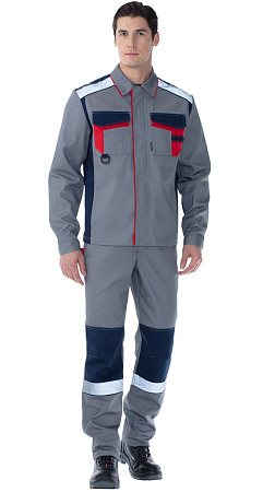 Летний костюм мужской Авангард-Барит с брюками, серый с синим и красным