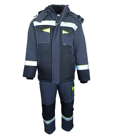 Зимний костюм мужской Эталон-Орегон-Мембрана с полукомбинезоном, темно-серый с черным  и лимонным
