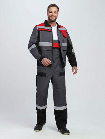 Летний костюм мужской Факел-Виват-2 Премиум с полукомбинезоном, серый с черным и красным Летний костюм мужской Факел-Виват-2 Премиум с полукомбинезоном, серый с черным и красным