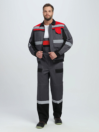 Летний костюм мужской Факел-Виват-2 Премиум с полукомбинезоном, серый с черным и красным Летний костюм мужской Факел-Виват-2 Премиум с полукомбинезоном, серый с черным и красным